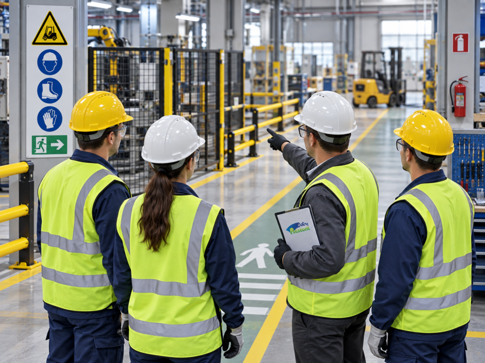 Principii generale de prevenire în SSM Lucrători analizând măsurile de prevenire și protecție într-o zonă industrială